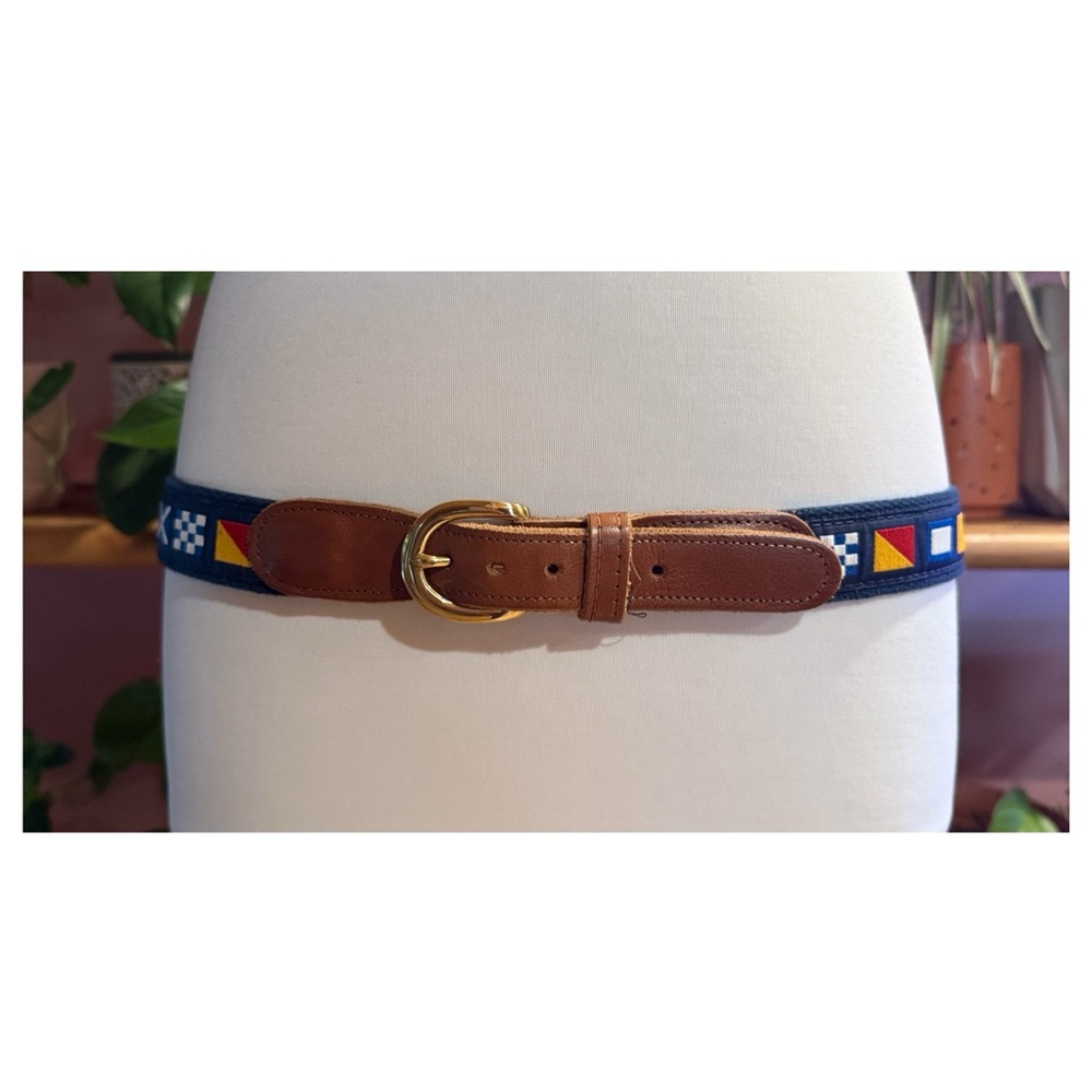 Preston Flag Leather Ribbon Nautical Leather Belt Navy Blue Brown Sz 32